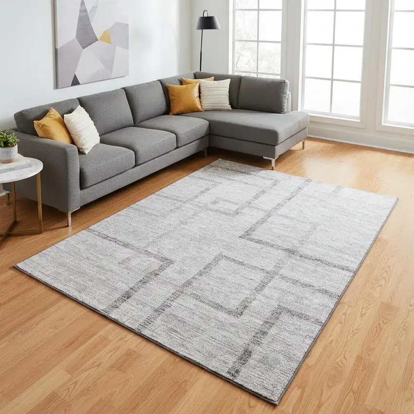 Gray And Silver Geometric Washable Area Rug With UV Protection Photo 2