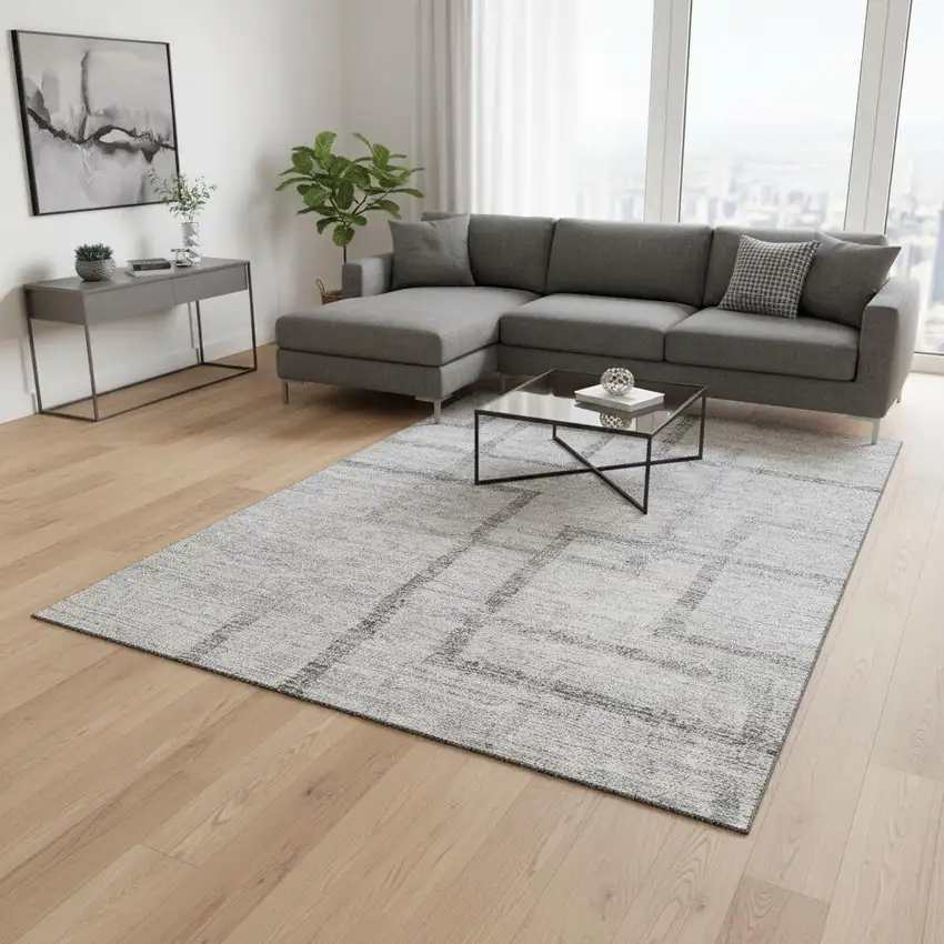 Gray And Silver Geometric Washable Area Rug With UV Protection Photo 2