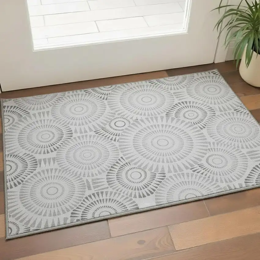 Gray And Silver Geometric Washable Area Rug With UV Protection Photo 2
