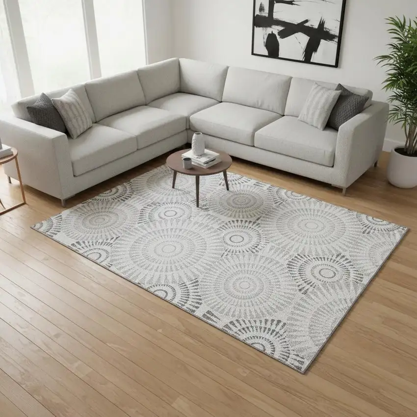 Gray And Silver Geometric Washable Area Rug With UV Protection Photo 2