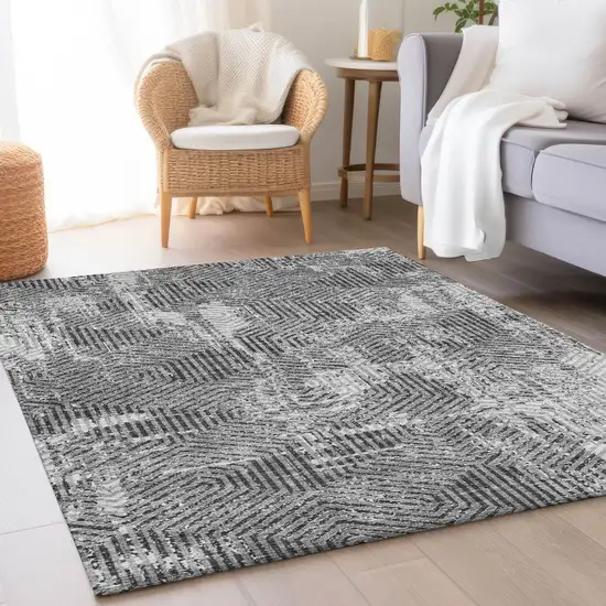 Gray And Silver Geometric Washable Area Rug With UV Protection Photo 5