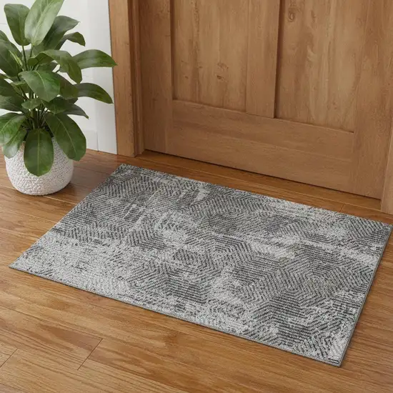 Gray And Silver Geometric Washable Area Rug With UV Protection Photo 1