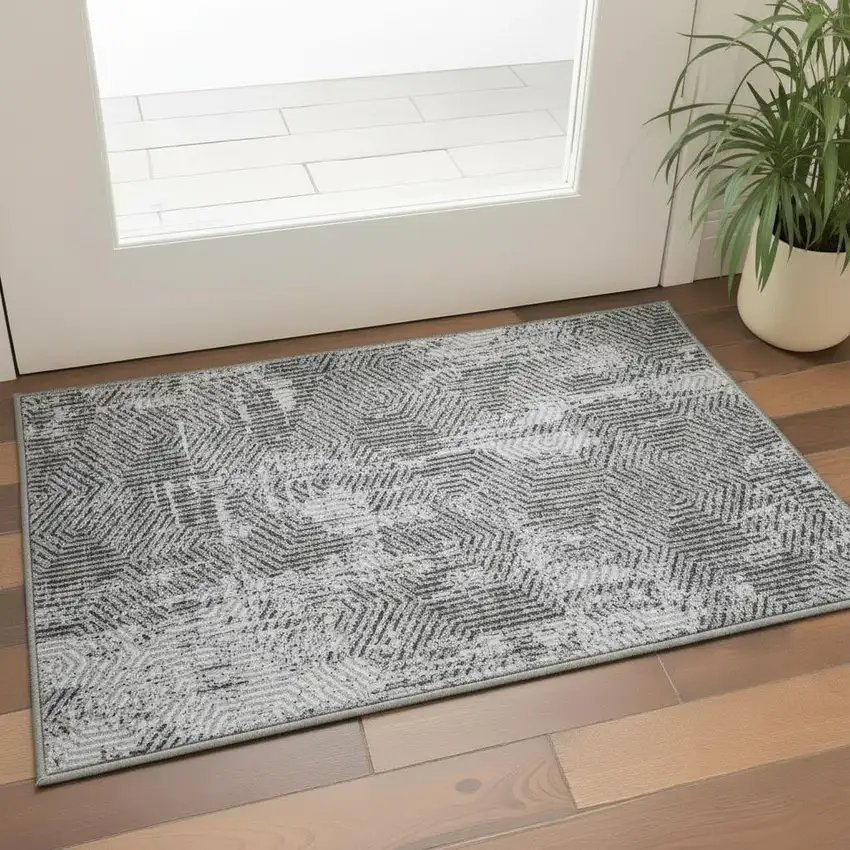 Gray And Silver Geometric Washable Area Rug With UV Protection Photo 2
