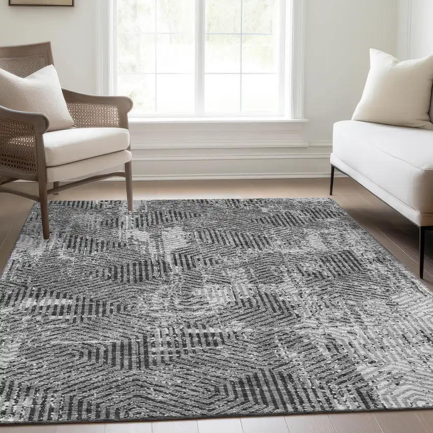 Gray And Silver Geometric Washable Area Rug With UV Protection Photo 5