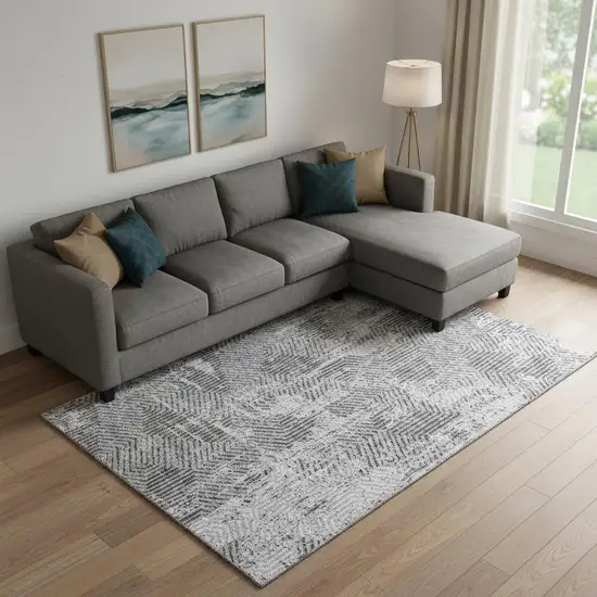 Gray And Silver Geometric Washable Area Rug With UV Protection Photo 1