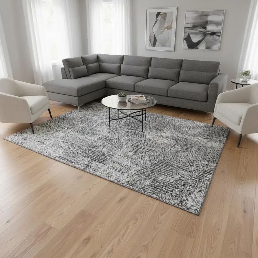 Gray And Silver Geometric Washable Area Rug With UV Protection Photo 2