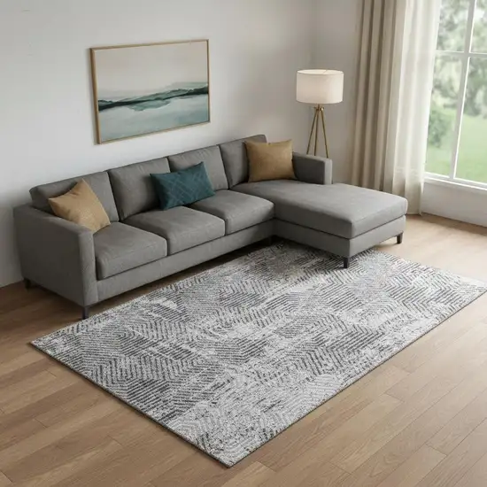 Gray And Silver Geometric Washable Area Rug With UV Protection Photo 1