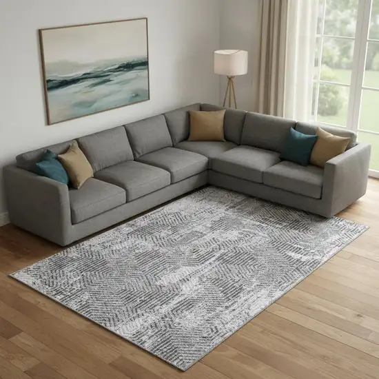 Gray And Silver Geometric Washable Area Rug With UV Protection Photo 1