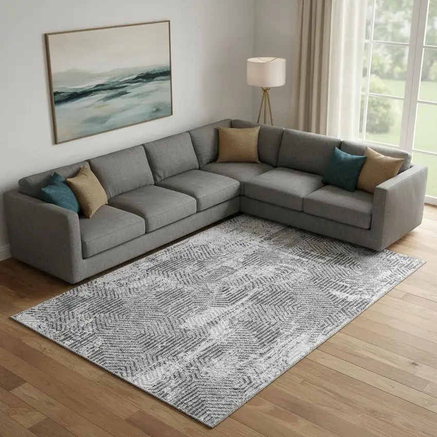 Gray And Silver Geometric Washable Area Rug With UV Protection Photo 1