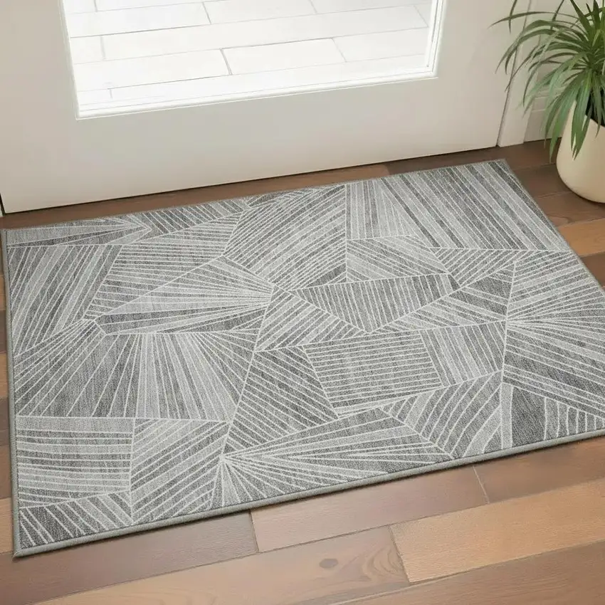 Gray And Silver Geometric Washable Area Rug With UV Protection Photo 2