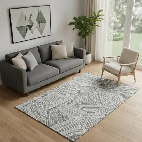 Gray And Silver Geometric Washable Area Rug With UV Protection Photo 1