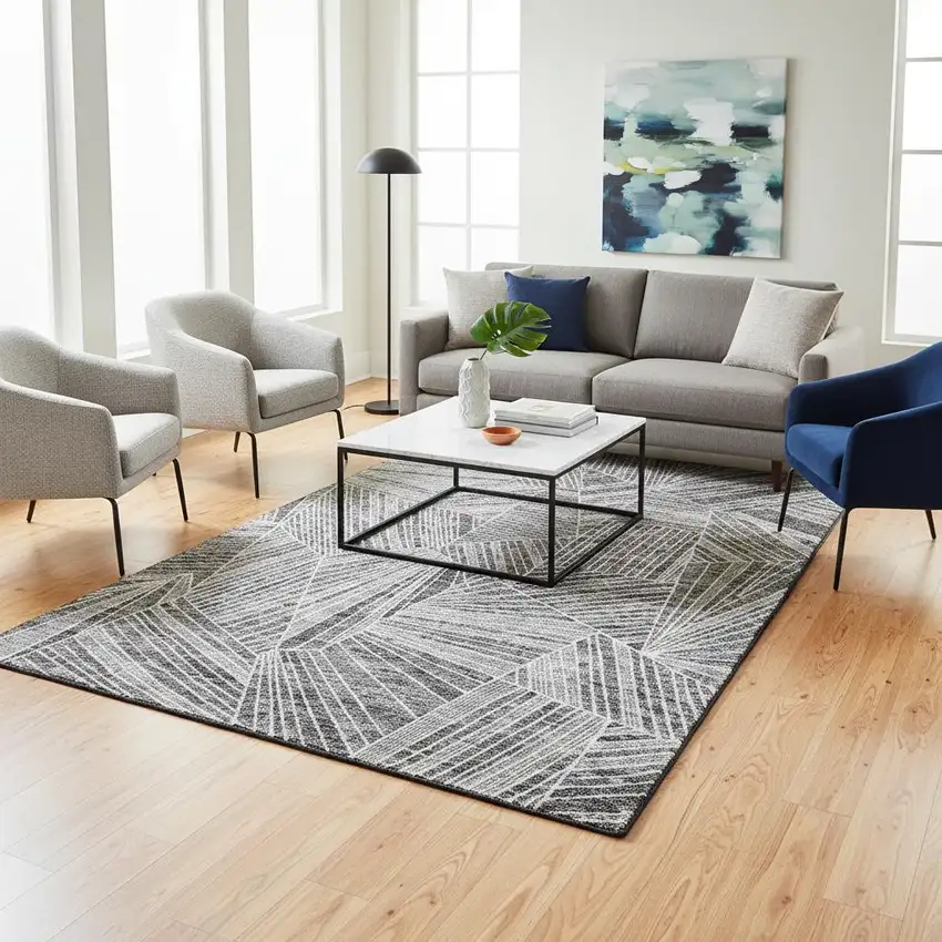 Gray And Silver Geometric Washable Area Rug With UV Protection Photo 2
