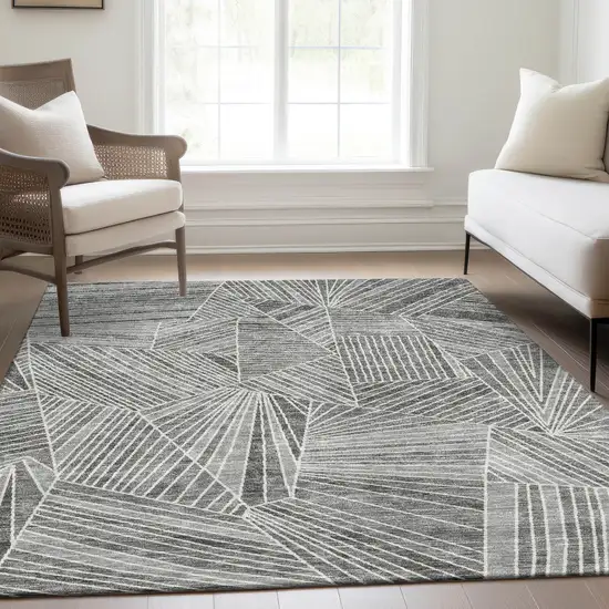 Gray And Silver Geometric Washable Area Rug With UV Protection Photo 6