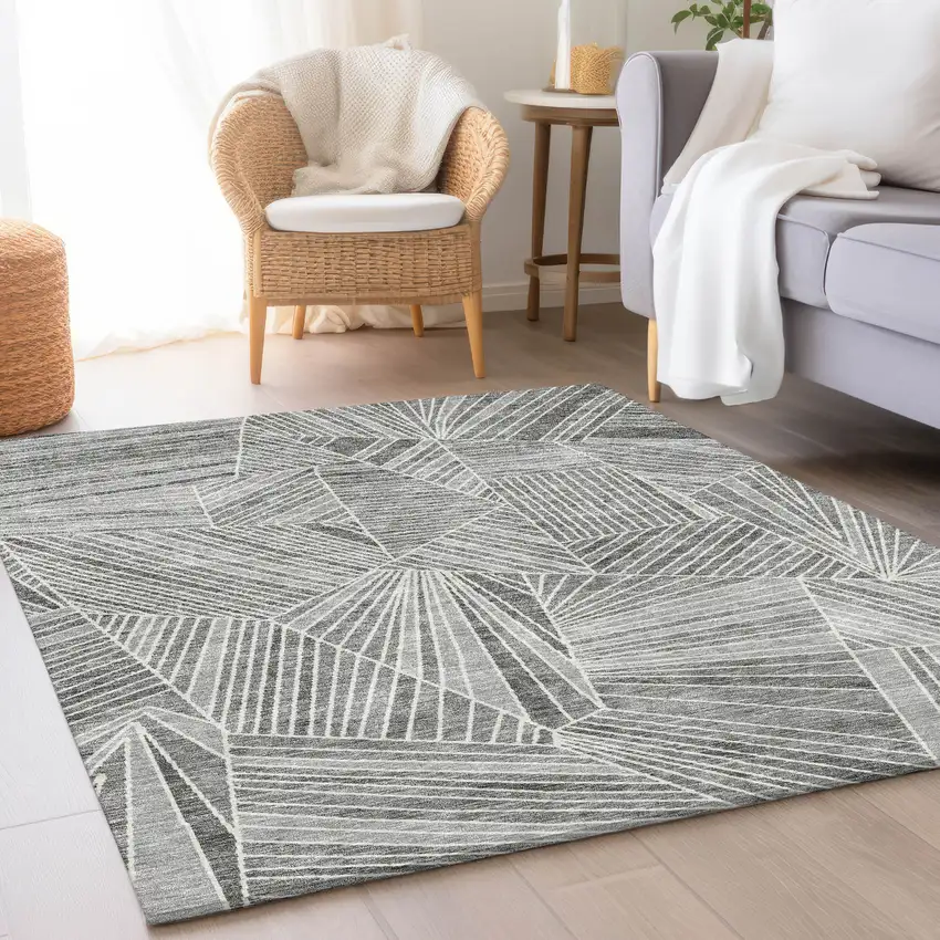 Gray And Silver Geometric Washable Area Rug With UV Protection Photo 5