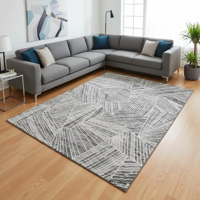 Gray And Silver Geometric Washable Area Rug With UV Protection Photo 2