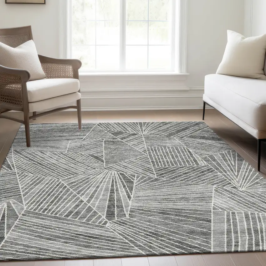 Gray And Silver Geometric Washable Area Rug With UV Protection Photo 6