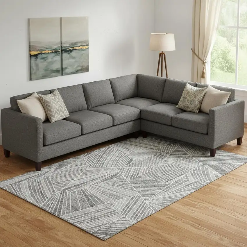 Gray And Silver Geometric Washable Area Rug With UV Protection Photo 1