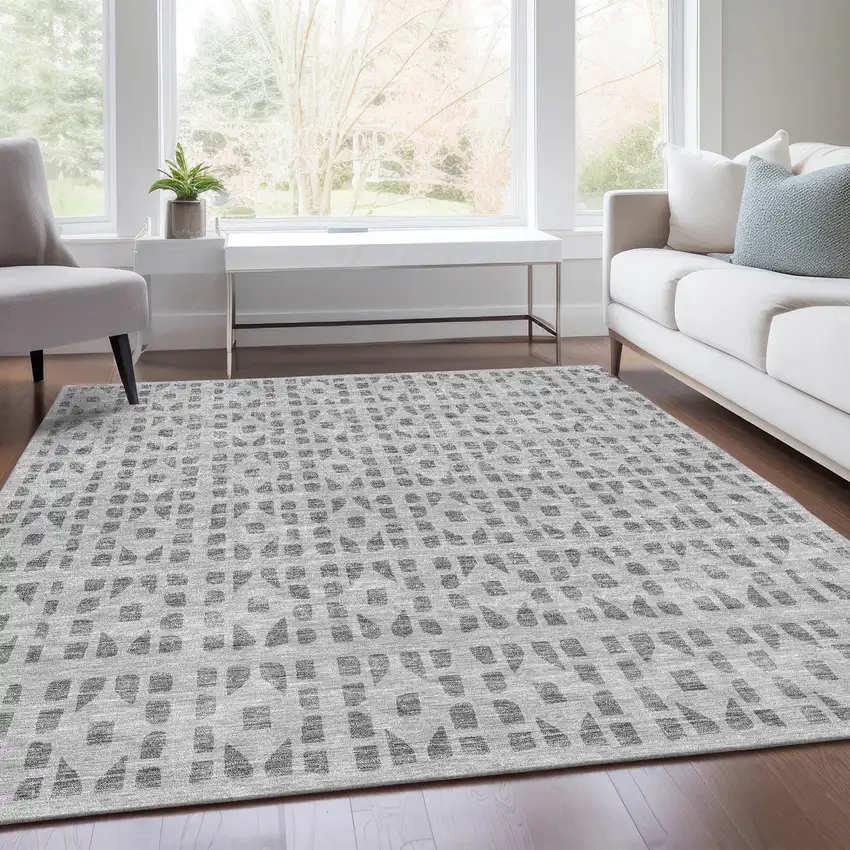 Gray And Silver Geometric Washable Area Rug With UV Protection Photo 5