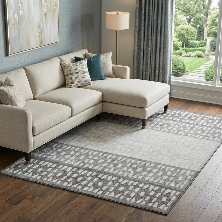 Gray And Silver Geometric Washable Area Rug With UV Protection Photo 1