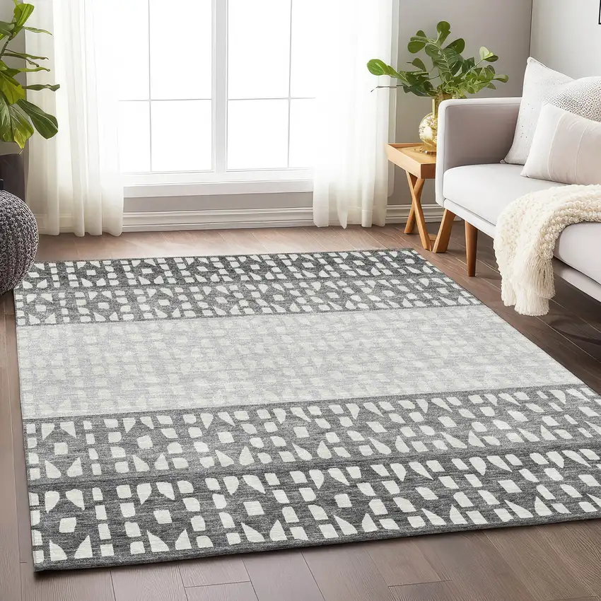 Gray And Silver Geometric Washable Area Rug With UV Protection Photo 4