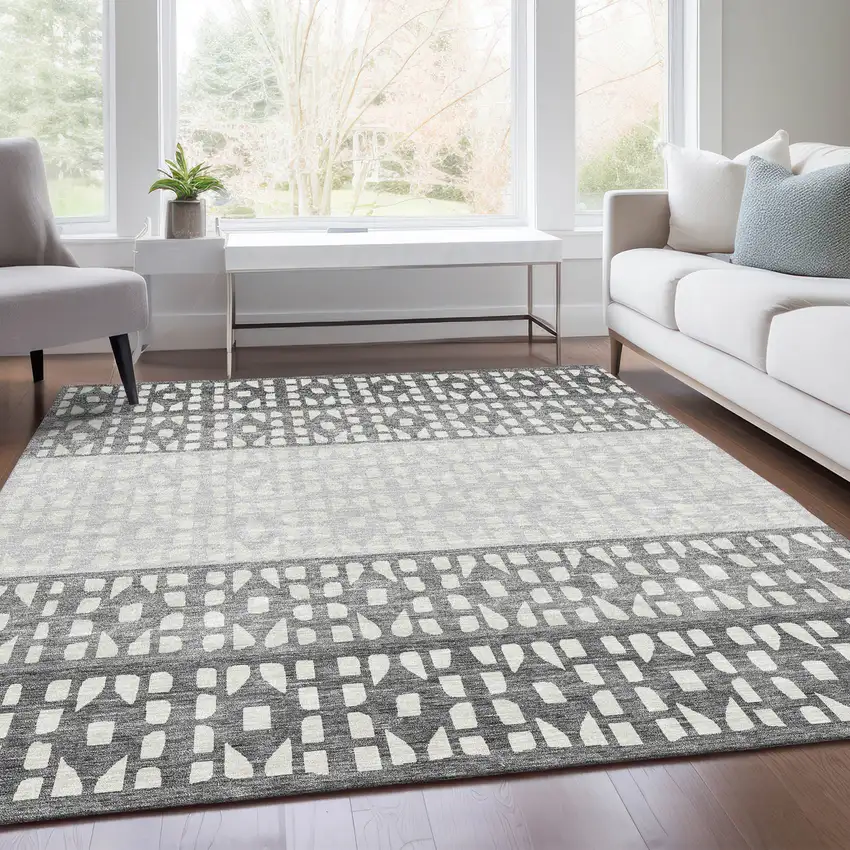 Gray And Silver Geometric Washable Area Rug With UV Protection Photo 5