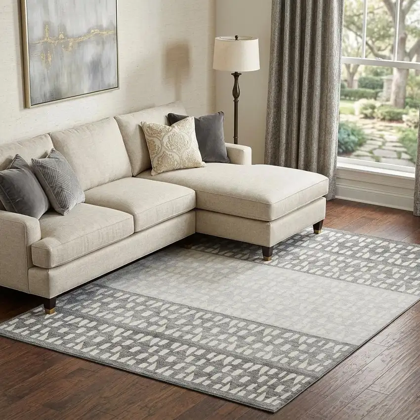 Gray And Silver Geometric Washable Area Rug With UV Protection Photo 1