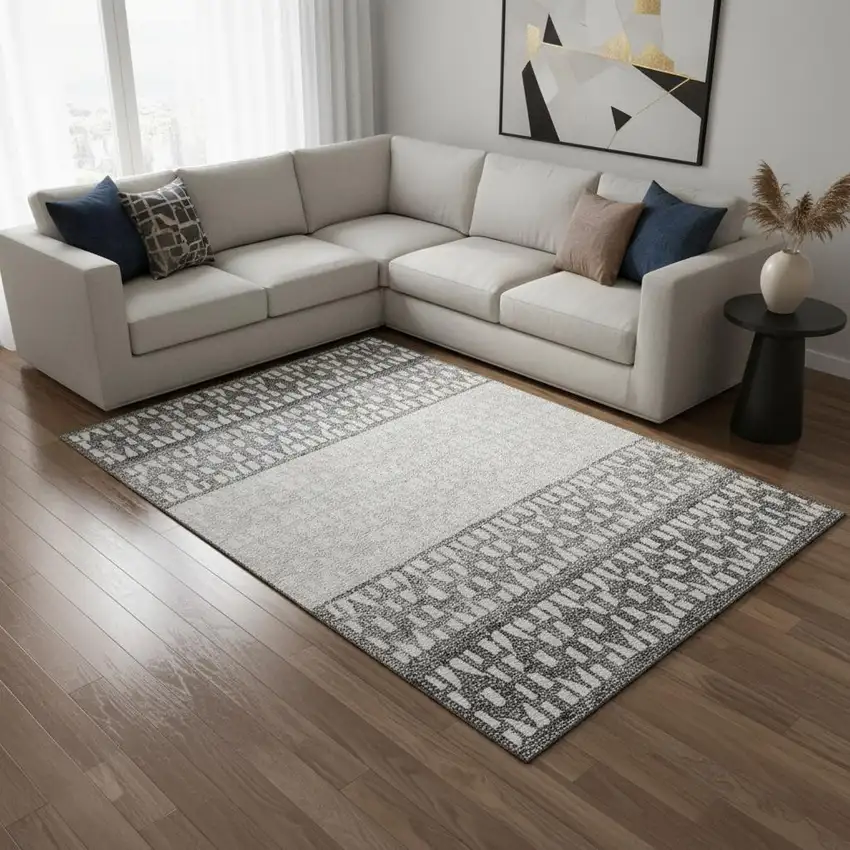 Gray And Silver Geometric Washable Area Rug With UV Protection Photo 2