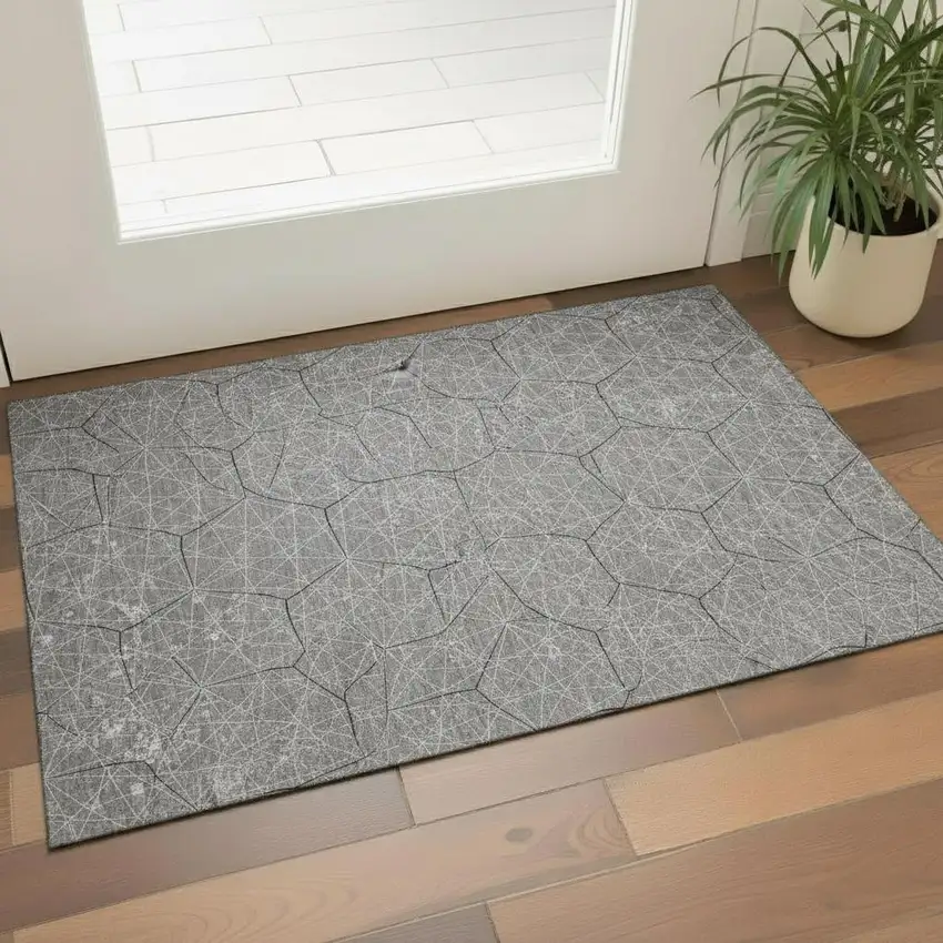 Gray And Silver Geometric Washable Area Rug With UV Protection Photo 2