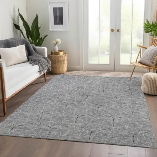 Gray And Silver Geometric Washable Area Rug With UV Protection Photo 6