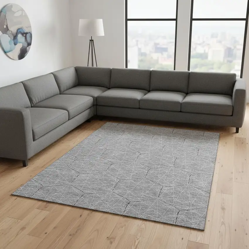 Gray And Silver Geometric Washable Area Rug With UV Protection Photo 2