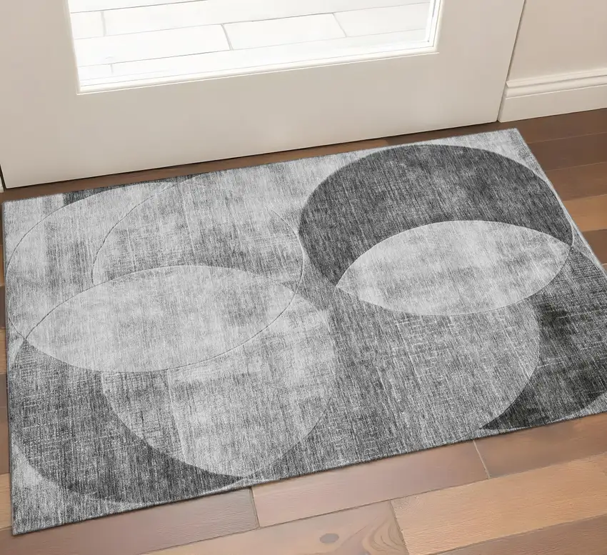 Gray And Silver Geometric Washable Area Rug With UV Protection Photo 1
