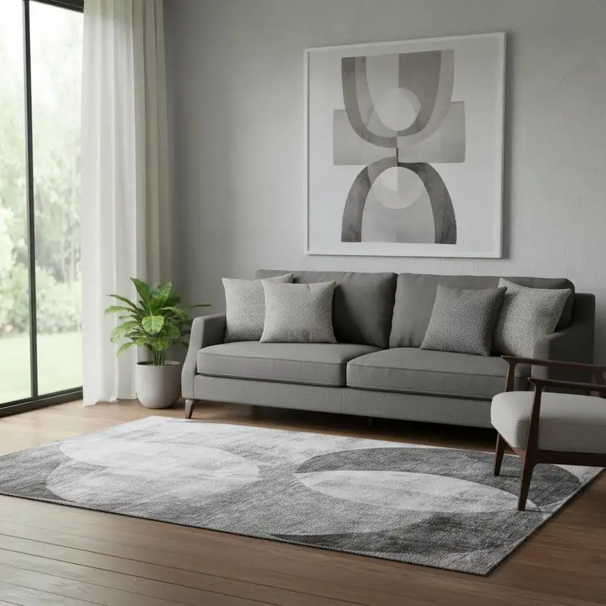 Gray And Silver Geometric Washable Area Rug With UV Protection Photo 2