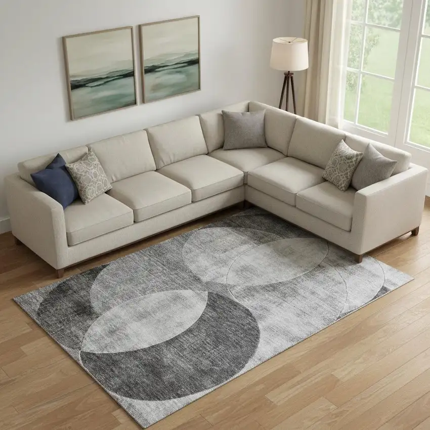 Gray And Silver Geometric Washable Area Rug With UV Protection Photo 2