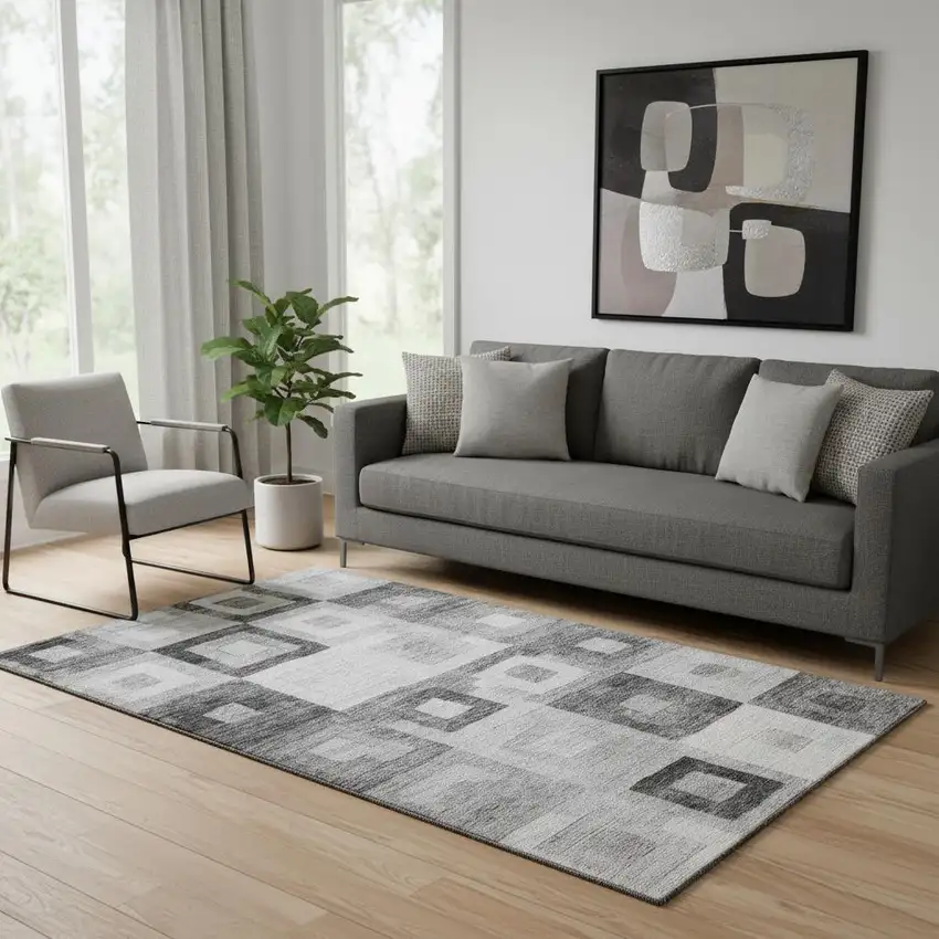 Gray And Silver Geometric Washable Area Rug With UV Protection Photo 2