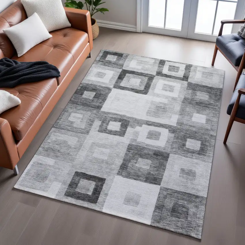 Gray And Silver Geometric Washable Area Rug With UV Protection Photo 5