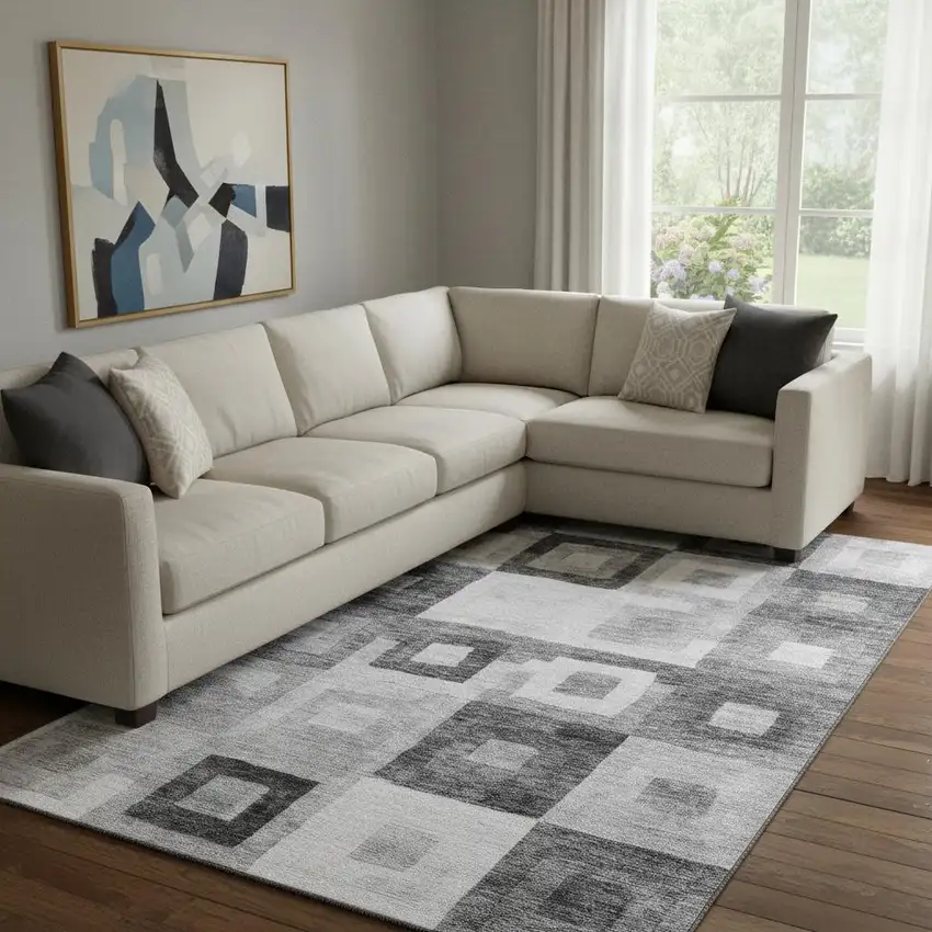 Gray And Silver Geometric Washable Area Rug With UV Protection Photo 2