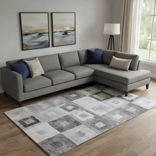 Gray And Silver Geometric Washable Area Rug With UV Protection Photo 2