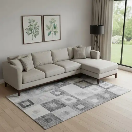 Gray And Silver Geometric Washable Area Rug With UV Protection Photo 2