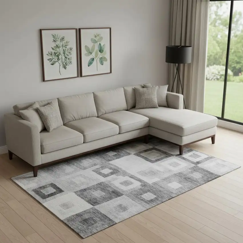 Gray And Silver Geometric Washable Area Rug With UV Protection Photo 2