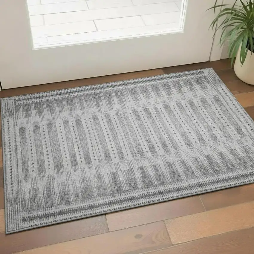 Gray And Silver Geometric Washable Area Rug With UV Protection Photo 2