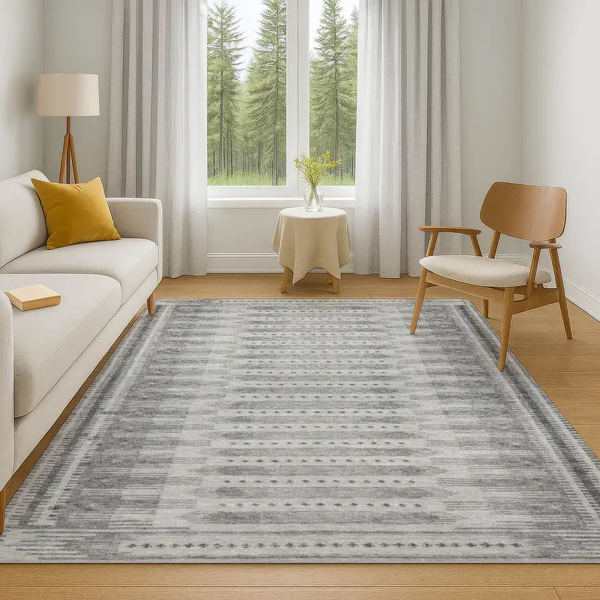 Gray And Silver Geometric Washable Area Rug With UV Protection Photo 6