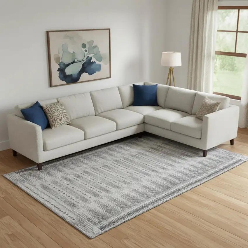 Gray And Silver Geometric Washable Area Rug With UV Protection Photo 2