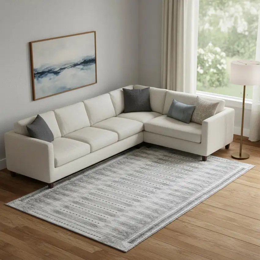 Gray And Silver Geometric Washable Area Rug With UV Protection Photo 2