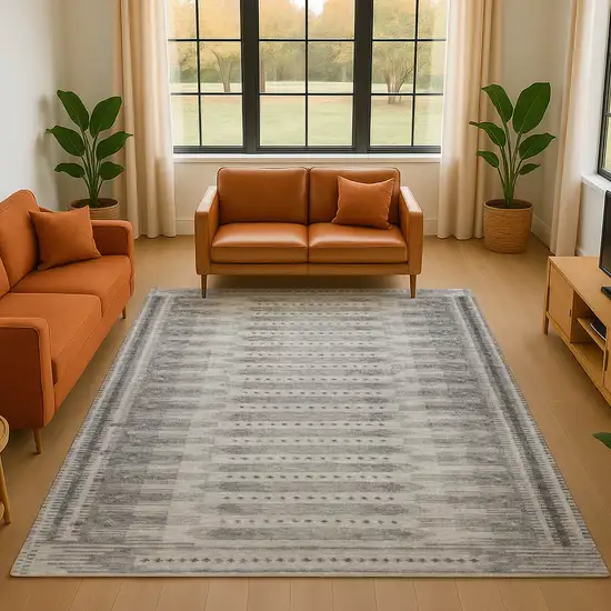 Gray And Silver Geometric Washable Area Rug With UV Protection Photo 3