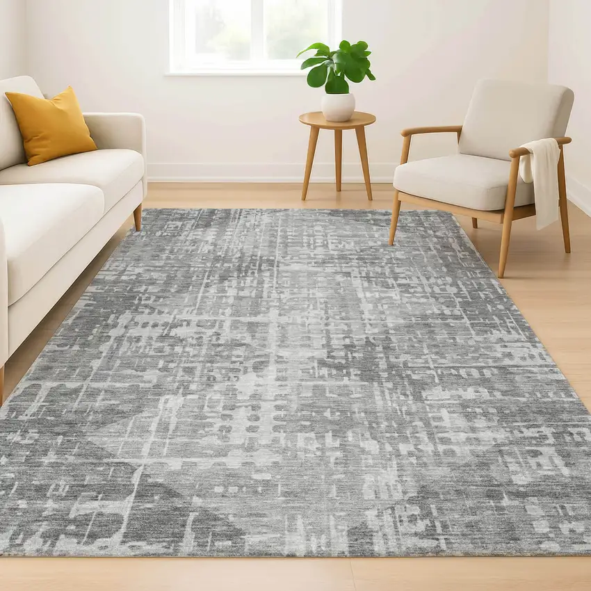 Gray And Silver Geometric Washable Area Rug With UV Protection Photo 6