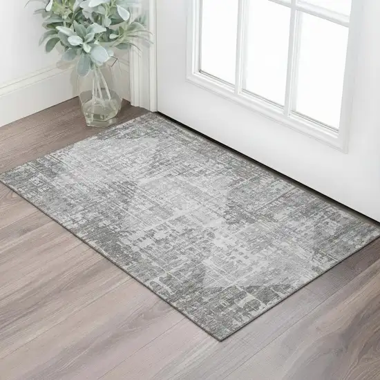 Gray And Silver Geometric Washable Area Rug With UV Protection Photo 2