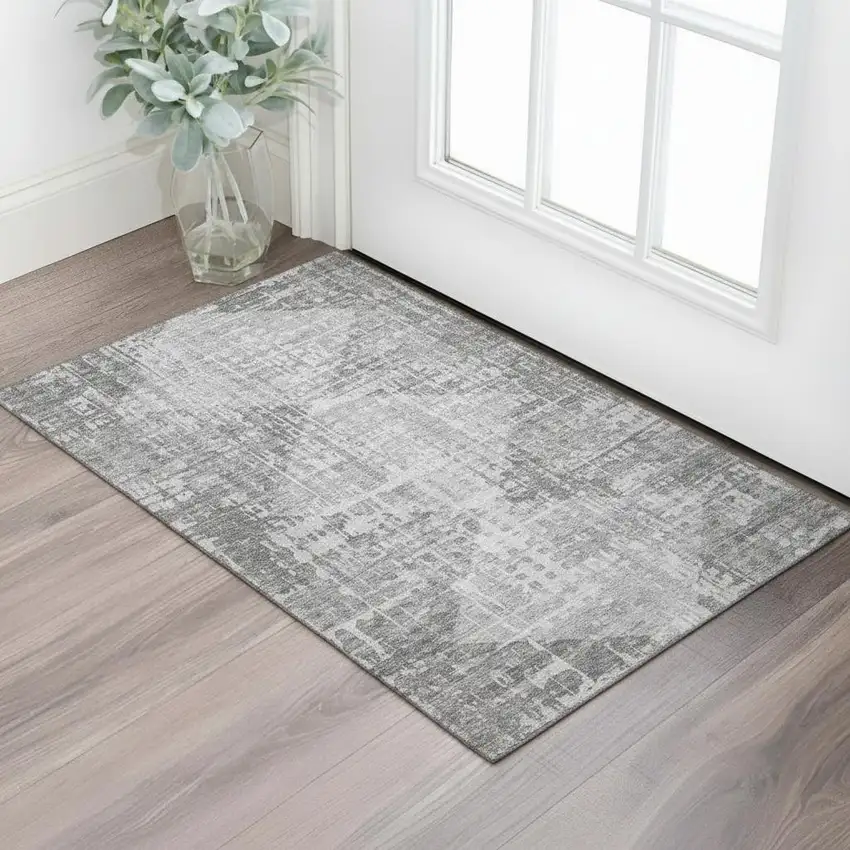 Gray And Silver Geometric Washable Area Rug With UV Protection Photo 2