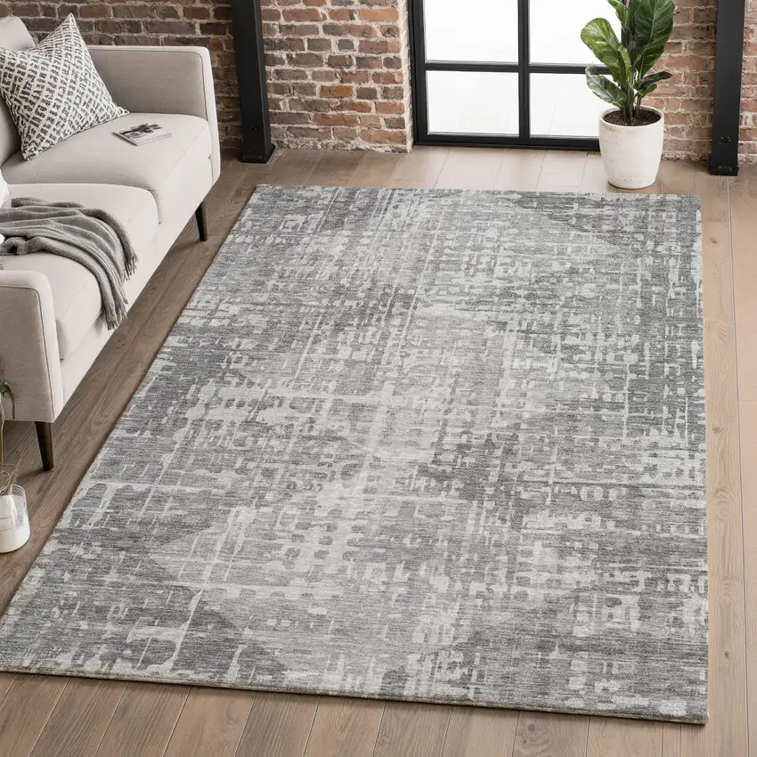 Gray And Silver Geometric Washable Area Rug With UV Protection Photo 5