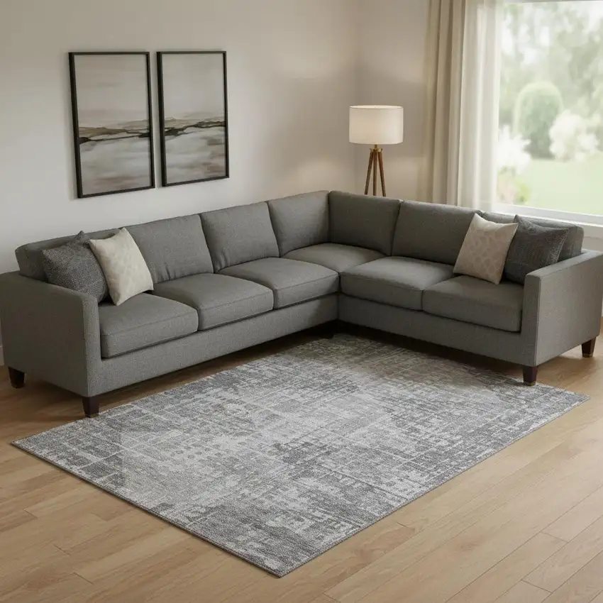 Gray And Silver Geometric Washable Area Rug With UV Protection Photo 2