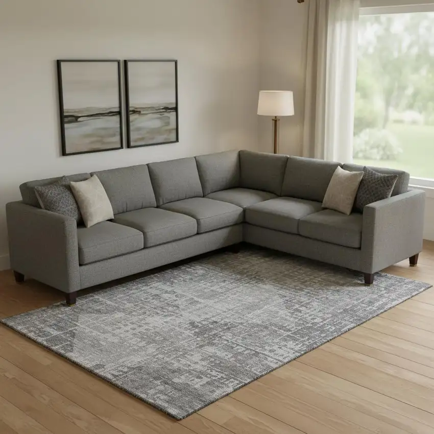 Gray And Silver Geometric Washable Area Rug With UV Protection Photo 2